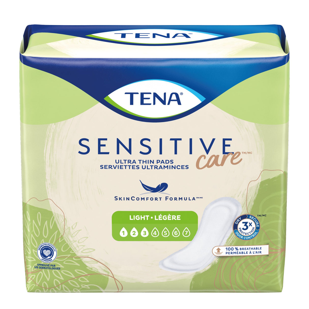 TENA Sensitive Care Ultra Thin Light Incontinence Pads, in a light green, blue, and white package with pad illustration and icons for comfort, breathability, and absorbency—ideal for light bladder leakage.