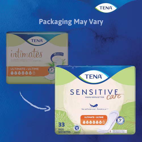Image shows two TENA Sensitive Care Incontinence Pads, Ultimate packages for bladder leakage and sensitive skin; each pack contains 33 pads. Text at top: Packaging May Vary.
