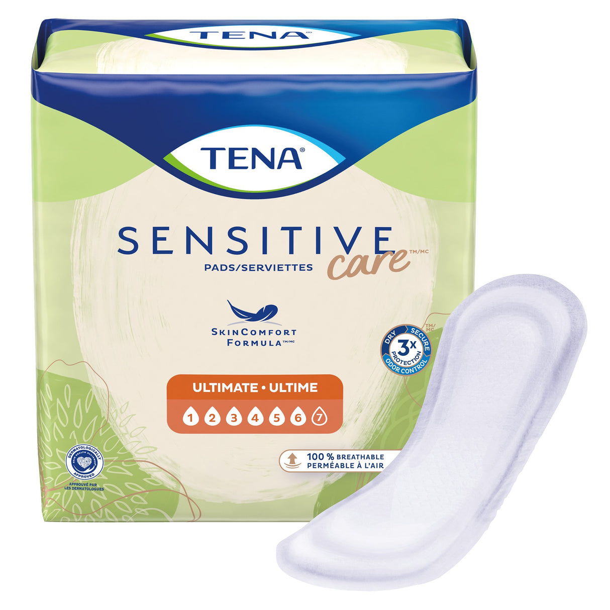A pack of TENA Sensitive Care Incontinence Pads, Ultimate by TENA is shown with one pad on the right. The packaging highlights SkinComfort Formula, 100% breathability, and reliable bladder leakage protection.