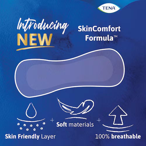 A blue TENA ad for TENA Sensitive Care Incontinence Pads, Ultimate, shows a pad and highlights the new SkinComfort Formula, skin-friendly layer, soft materials, 100% breathability, and advanced bladder leakage protection.