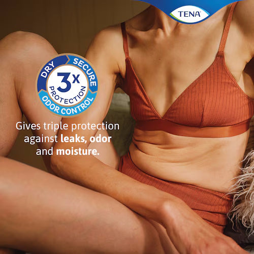 A woman in a rust-colored bra and underwear sits with one knee up. Text reads: TENA Sensitive Care Incontinence Pads, Ultimate—triple protection against bladder leaks, odor, and moisture. TENA logo and a 3x protection badge are visible.