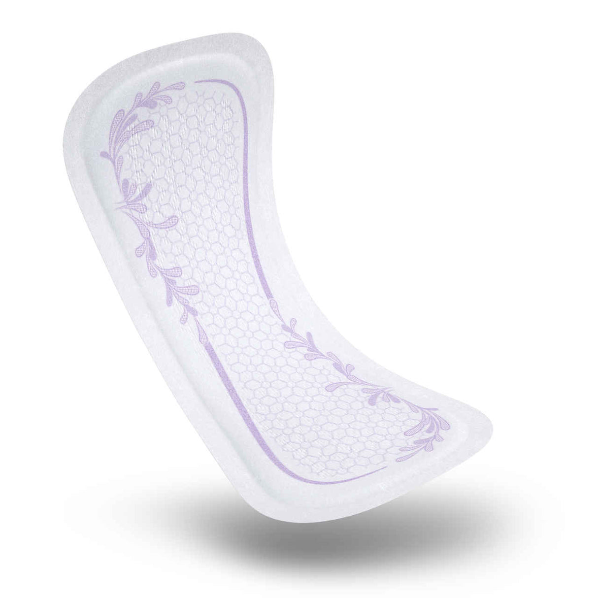 A single TENA Intimates Moderate Thin Liner by TENA features a curved shape, light purple floral design, and honeycomb texture for discreet leakage protection. The moderate thin liner is shown on a white background.