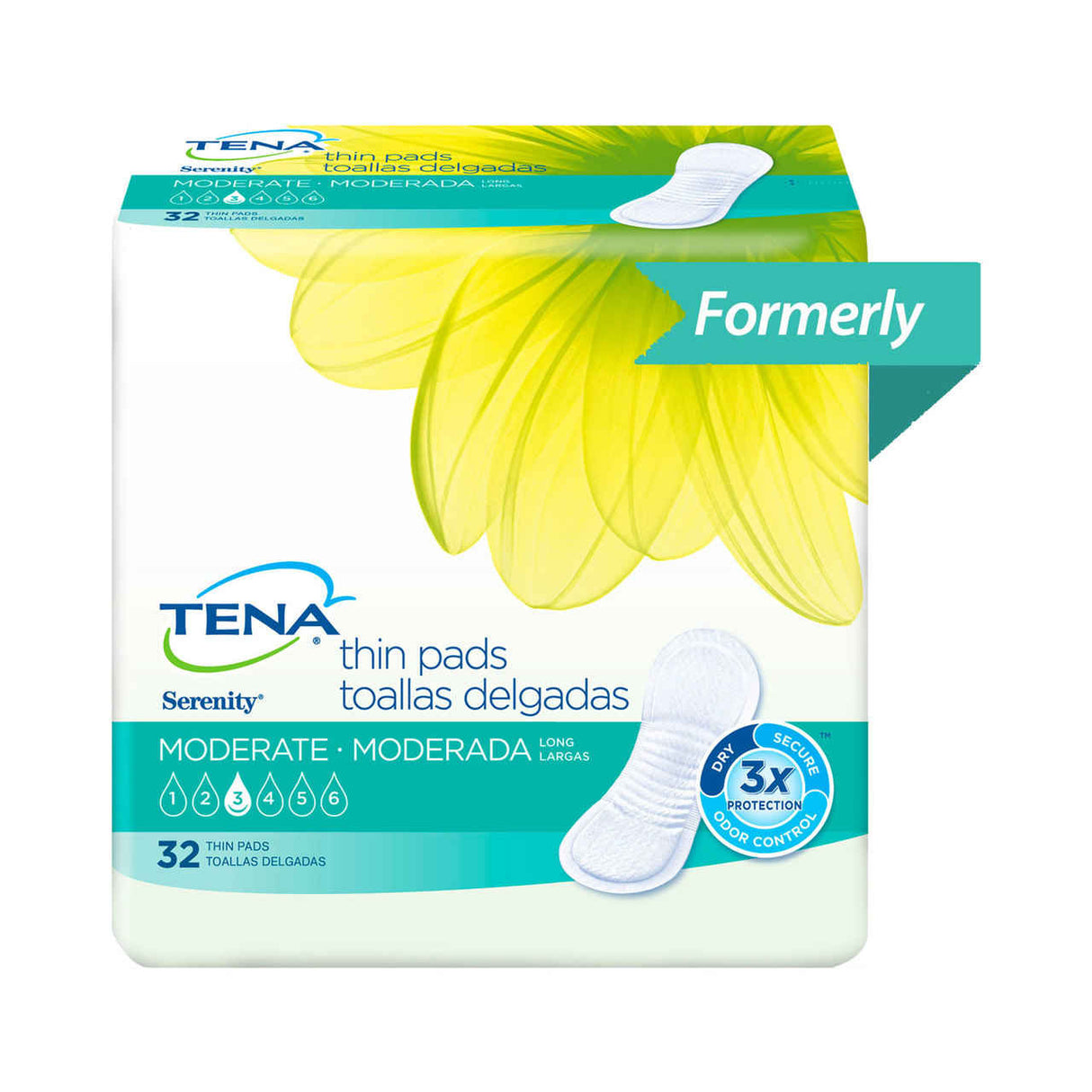 TENA Intimates Moderate Thin Liners, pack of 32, offer moderate protection with 3x odor and leakage control. The package features a large yellow flower, product image, bilingual text, and is by TENA.