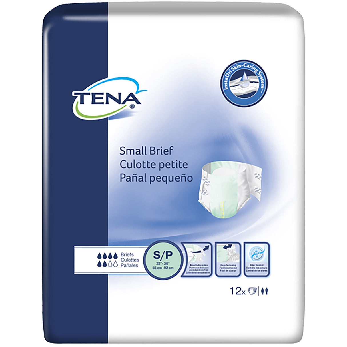 A pack of 12 TENA Small Briefs with product info in English, French, and Spanish. Features an adult brief image and icons for maximum absorbency and incontinence protection. Brand: TENA. Size: Small.