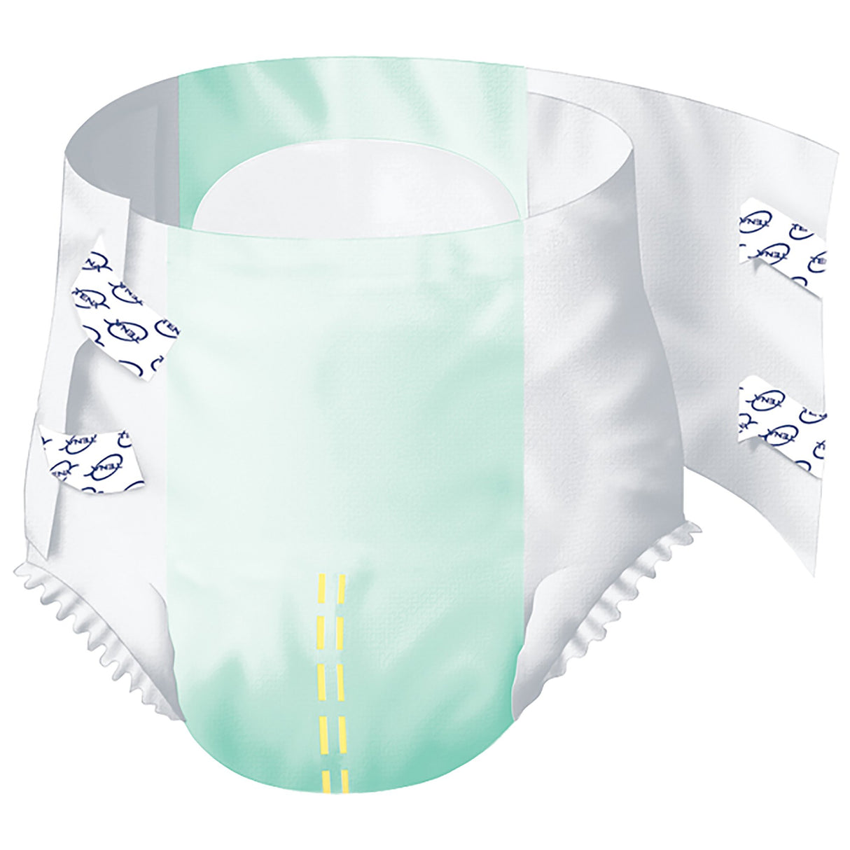 Illustration of TENA Small Briefs disposable diaper by TENA, featuring a light green maximum absorbency center, yellow wetness indicator lines, stretchy leg cuffs, and fish-patterned side fasteners seen from a front angle.