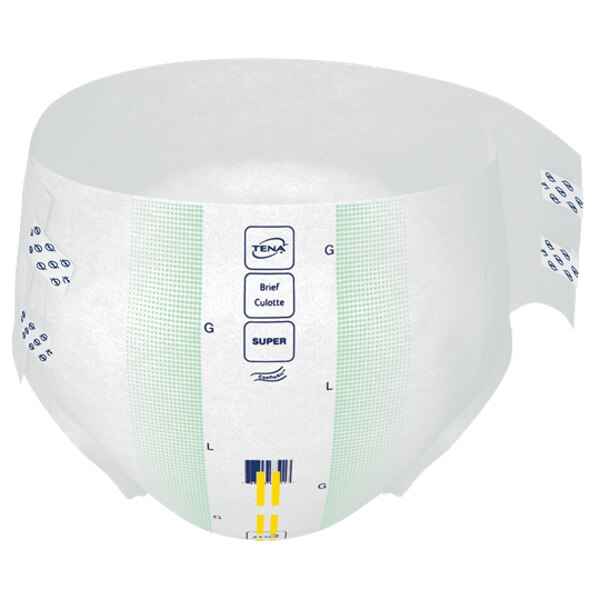 The TENA ProSkin Super Adult Briefs by TENA are white incontinence briefs with blue and green markings, size indicators, adhesive side fasteners, and an overnight absorbency skin-caring system.
