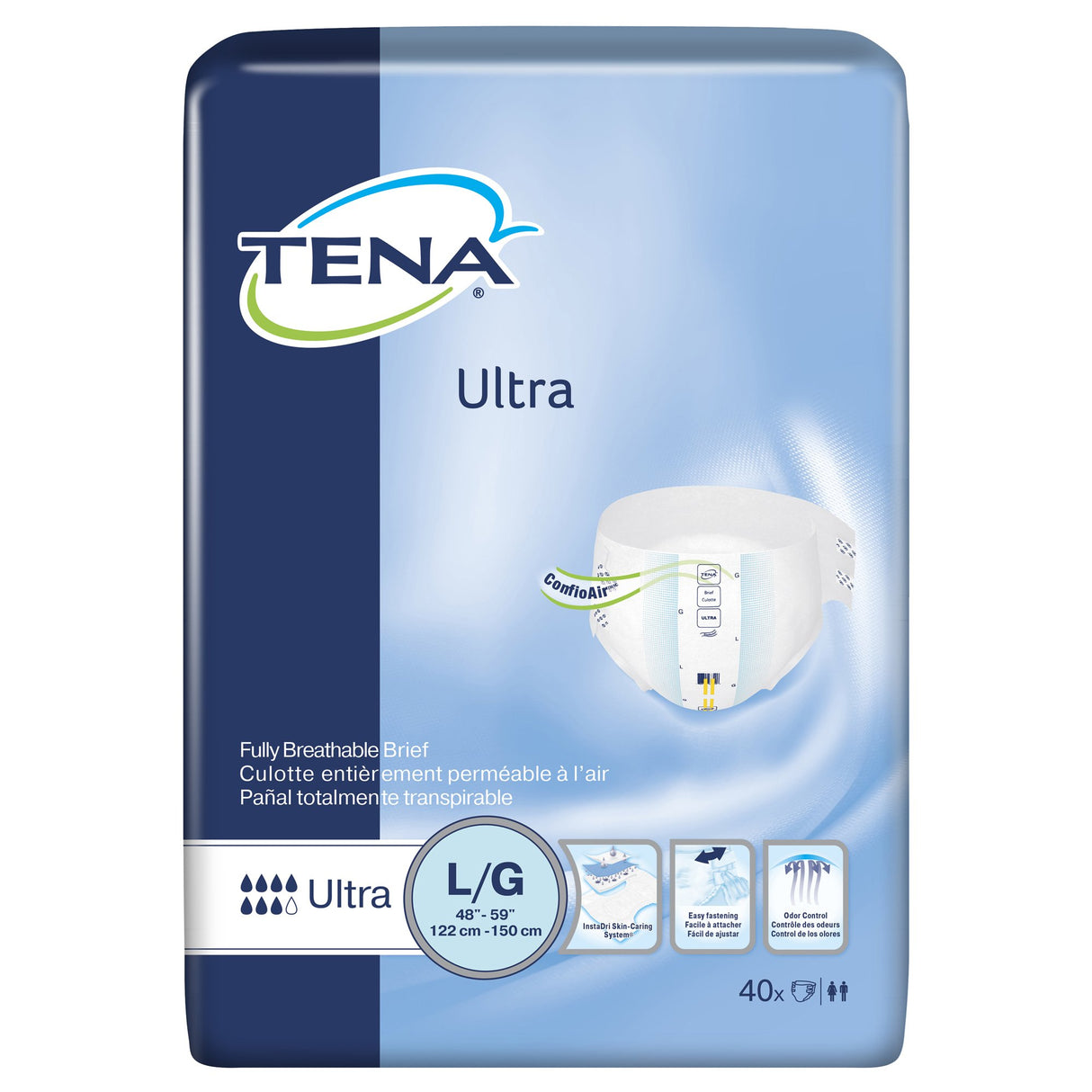 A 40-pack of TENA Ultra Incontinence Briefs, size L/G (48–59 in/122–150 cm). The blue packaging displays the TENA logo and product name, ideal for heavy absorbency and reliable incontinence protection.