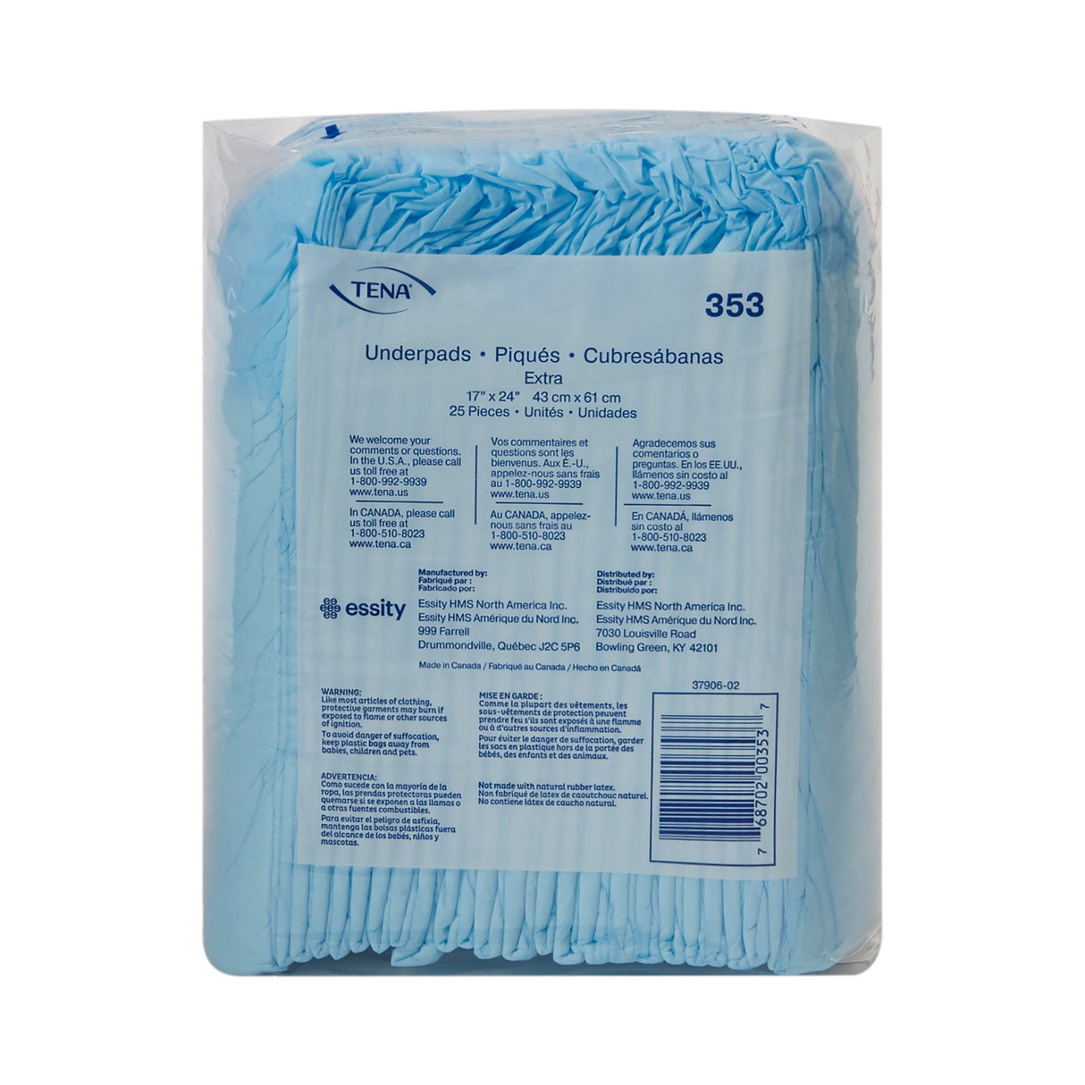 A pack of TENA Underpad Extra, light absorbency, 17 x 24 in., contains 25 blue disposable pads with waterproof back-sheet. Packaging shows product details in English, French, and Spanish.