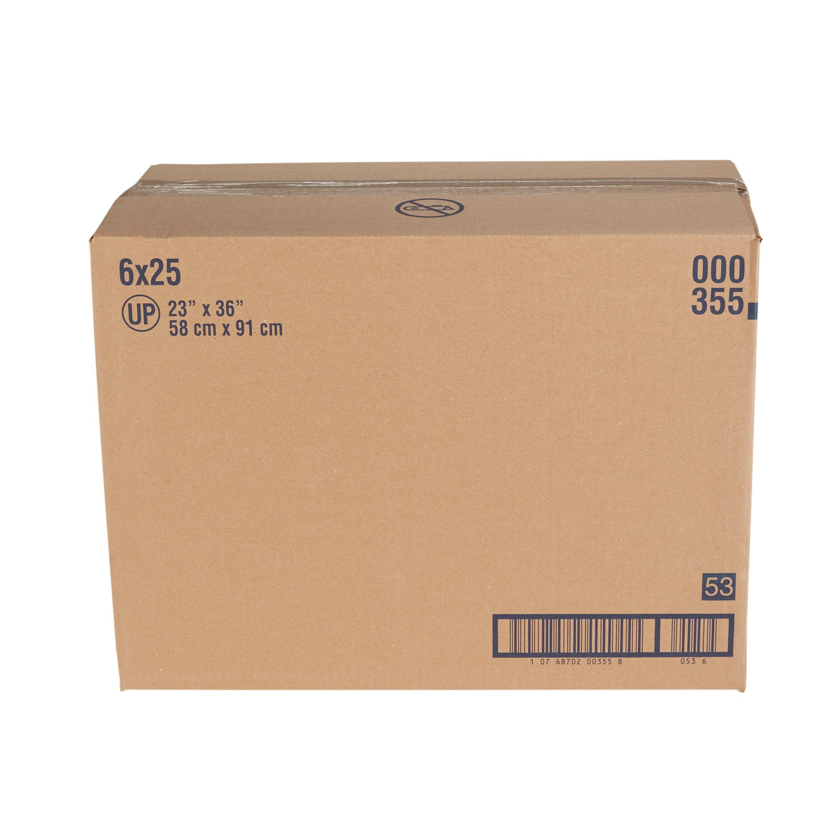 A large brown cardboard box (23 x 36 in / 58 x 91 cm) with printed text and barcode contains TENA Underpad Extra, Light Absorbency by TENA. Quantity and handling details are displayed on the front, plus a waterproof back-sheet.