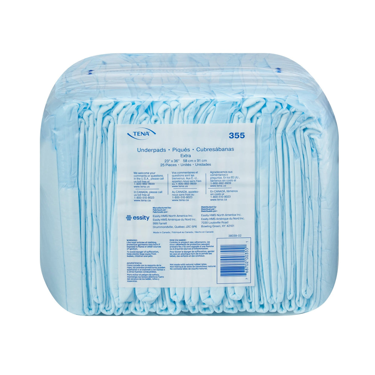 A sealed package of TENA Underpad Extra, Light Absorbency by TENA contains 25 disposable light blue pads with a waterproof back-sheet for added absorbency and protection. Packaging includes English, French, and Spanish product info.