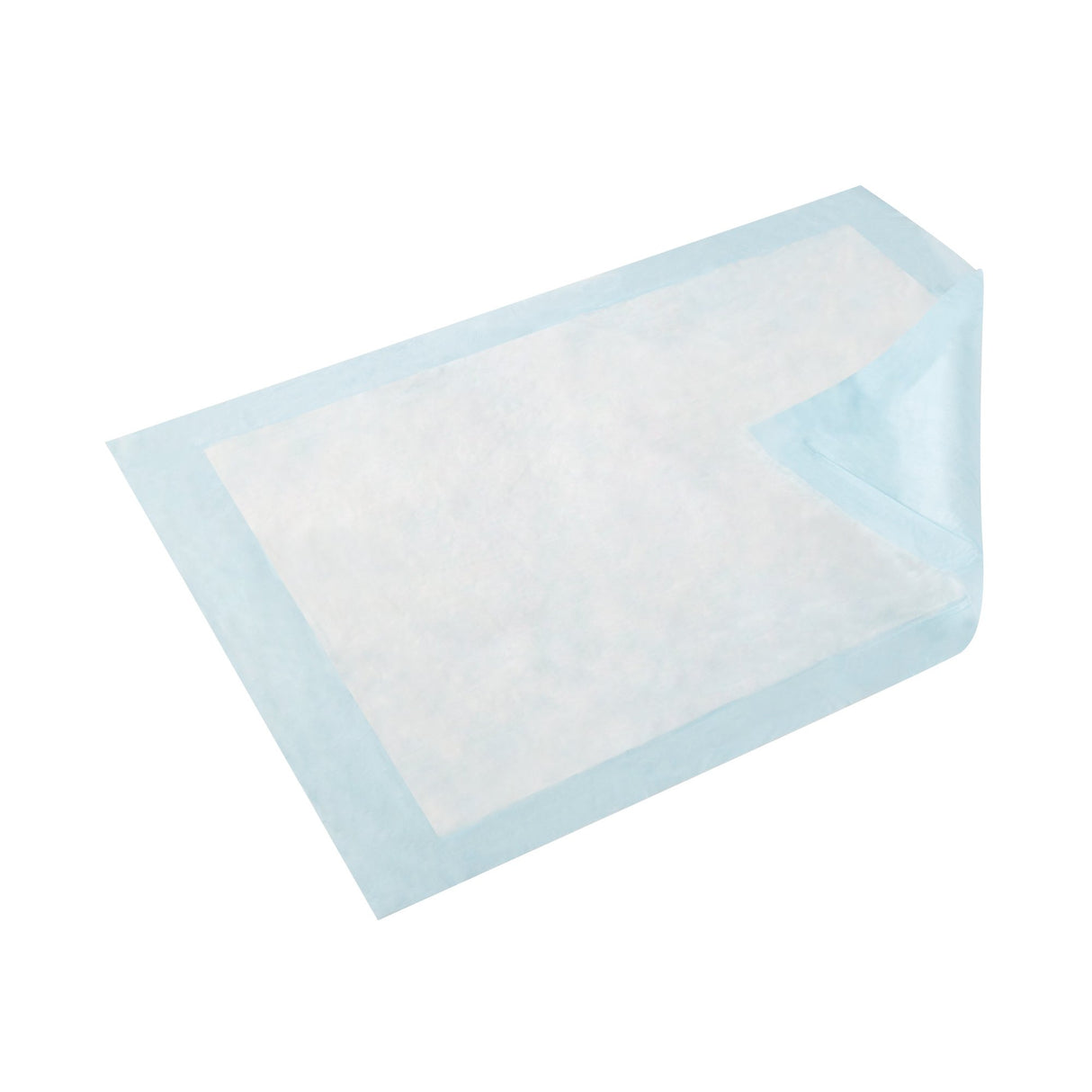 The TENA Underpad Extra, Light Absorbency by TENA is a disposable, rectangular pad with a light blue border, white absorbent center, waterproof back-sheet, and one corner lifted to show its thin, flexible layers.