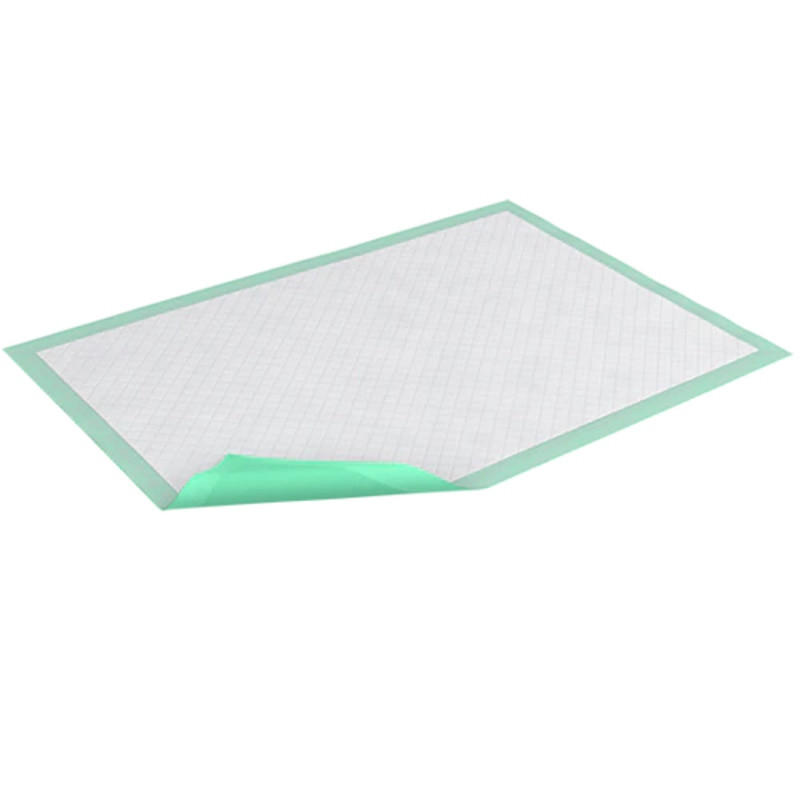 The TENA Underpad Ultra Plus by TENA is shown on a white background with a white absorbent center, light green plastic backing, green border, and one corner lifted to display its waterproof underside.