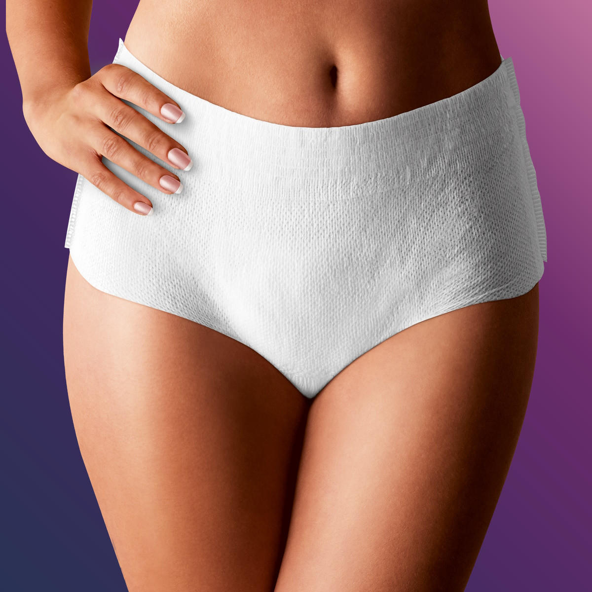 A person models TENA Womens Super Plus Heavy Protective Underwear by TENA against a purple gradient background, one hand on their hip—perfect for those seeking reliable bladder weakness protection.