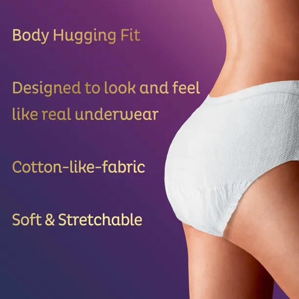 A woman wearing TENA Women’s Super Plus Heavy Protective Underwear stands against a purple gradient background. Text highlights its body-hugging fit, real underwear look and feel, cotton-like fabric, and bladder weakness protection.