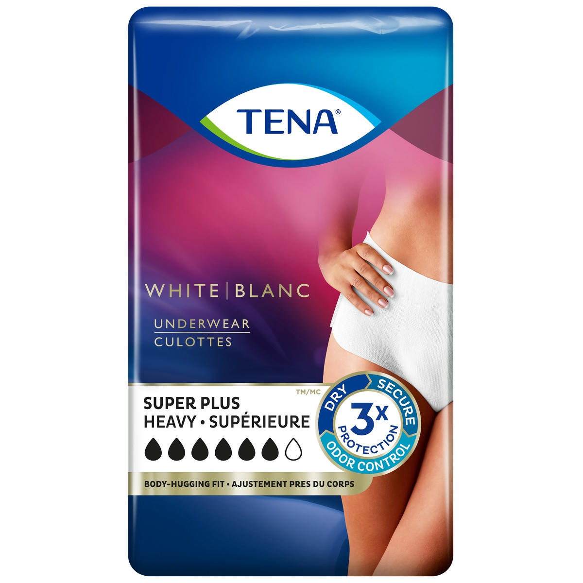 TENA Womens Super Plus Heavy Protective Underwear offers 3x advanced odor protection, a body-hugging fit, and reliable bladder weakness protection. The package shows the product being worn.