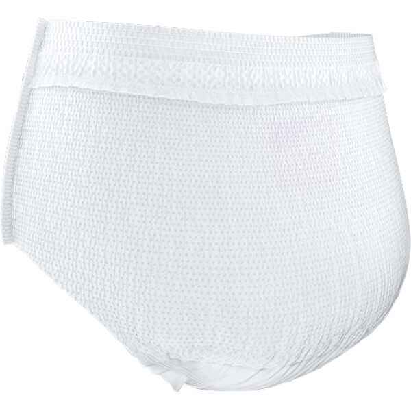 TENA Womens Super Plus Heavy Protective Underwear by TENA, featuring an elastic waistband and textured white surface, provides advanced odor protection for bladder weakness. Displayed against a plain white background.