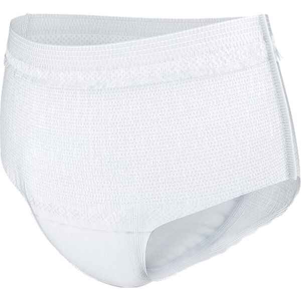 TENA Womens Super Plus Heavy Protective Underwear by TENA features a white disposable pull-up design with elastic waistband and leg openings, providing advanced odor control and heavy bladder weakness protection for women.