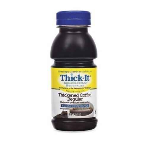 Thick-It AquaCareH2O Thickened Coffee Regular, 8 oz bottle by Thick-It, is made with xanthan gum and features a blue cap and yellow label. It’s designed for individuals with swallowing disorders.