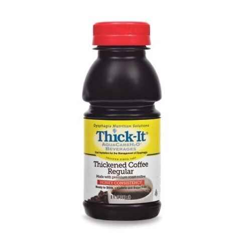 A Thick-It AquaCareH2O Thickened Coffee Regular, 8 oz bottle, for swallowing disorders, comes in plastic with a red cap, black label featuring yellow and white design, plus coffee beans at the bottom front.