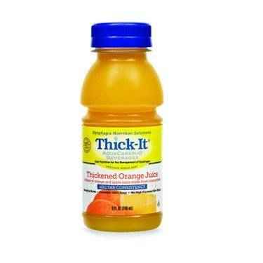 A Thick-It AquaCareH20 Thickened Orange Juice 8 oz bottle for swallowing disorders features a blue cap, yellow label, and orange slice images.