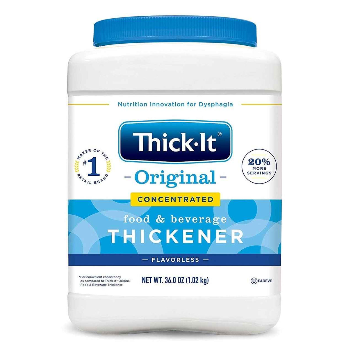 A 36-ounce white and blue container of Thick-It Concentrated Thickener by Thick-It, flavorless for dysphagia nutrition innovation, features “20% more servings” on the packaging.
