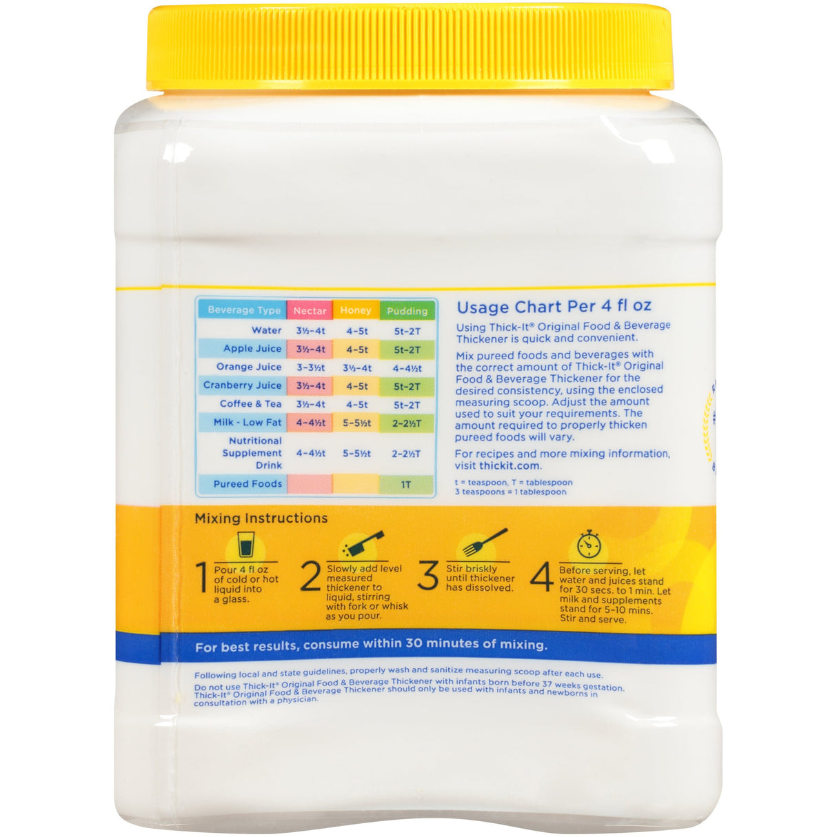 Thick-It Original Thickener by Thick-It is a white plastic container with a yellow lid featuring a chart, mixing instructions, and tips for using liquid thickener to aid those with swallowing disorders, plus detailed measurements and usage recommendations.
