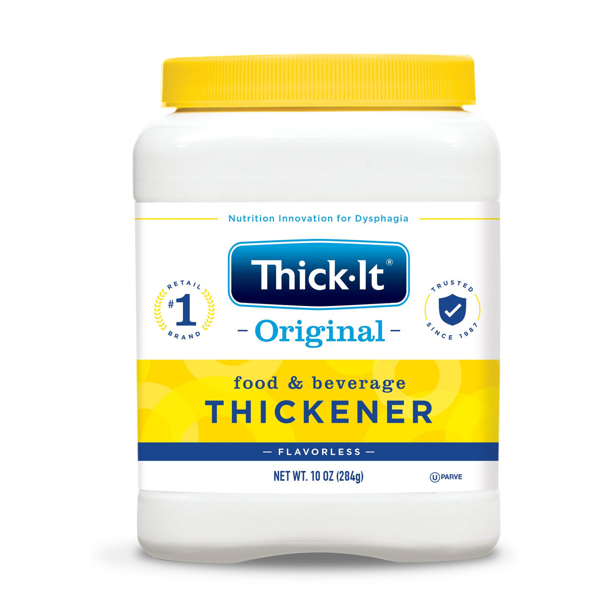 A 10 oz (284g) white jar of Thick-It Original Thickener by Thick-It, labeled as flavorless for swallowing disorders, features a yellow cap with blue and yellow branding.