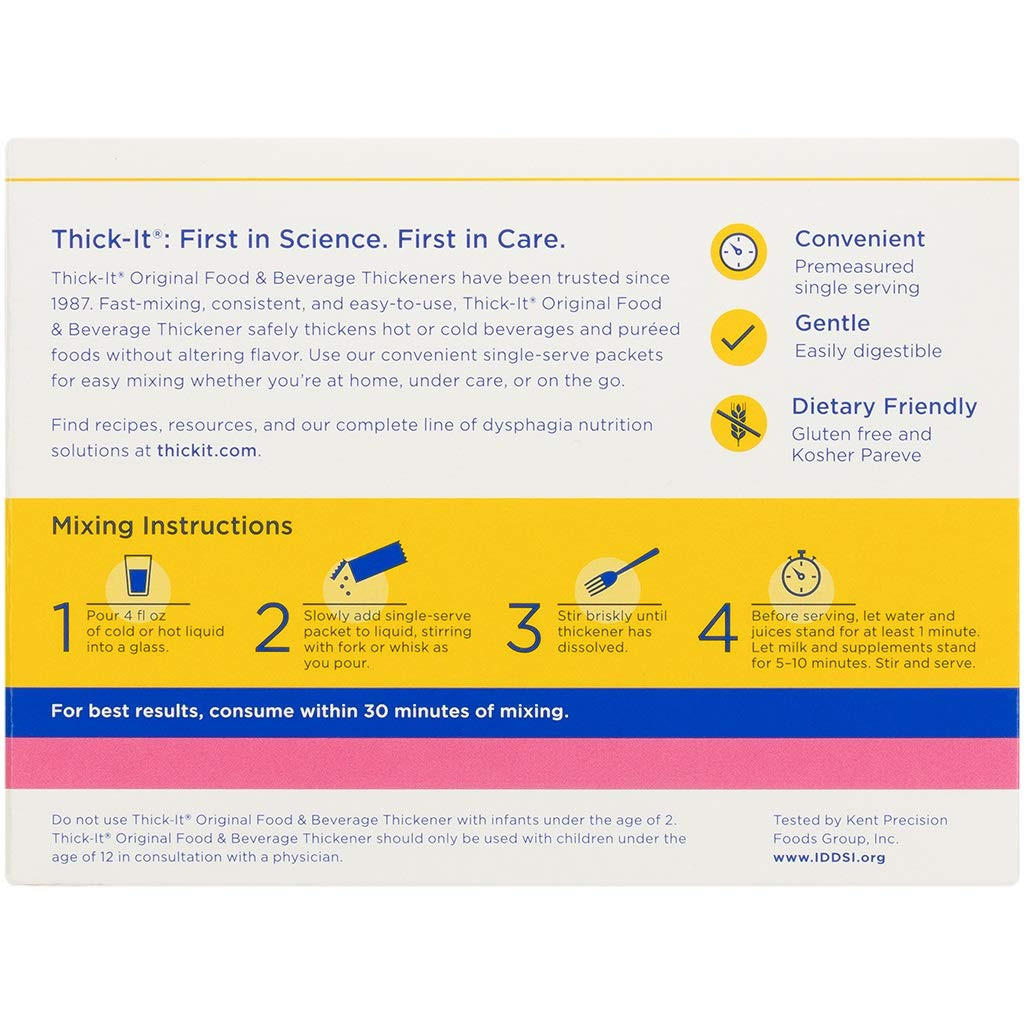 Back of a Thick-It Original Thickener Individual Packets (Case of 200) shows benefits for those with swallowing disorders and step-by-step mixing to nectar consistency. Gluten free, with simple icons and bold yellow accents. Brand: Thick-It.