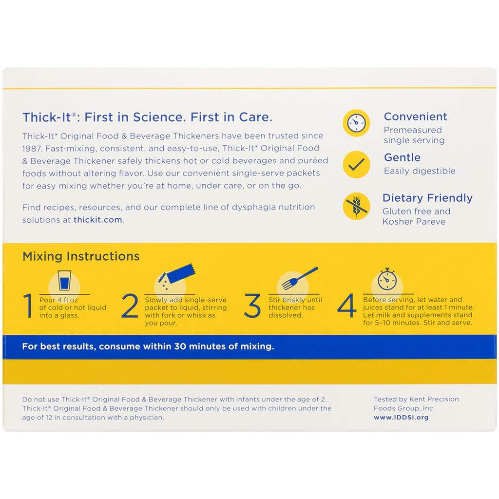 Back of a Thick-It Original Thickener, Individual Packets (Case of 200) container displays product info, mixing instructions, and features: convenient, gentle, gluten free. Steps to prepare for nectar consistency for swallowing disorders are shown and described.