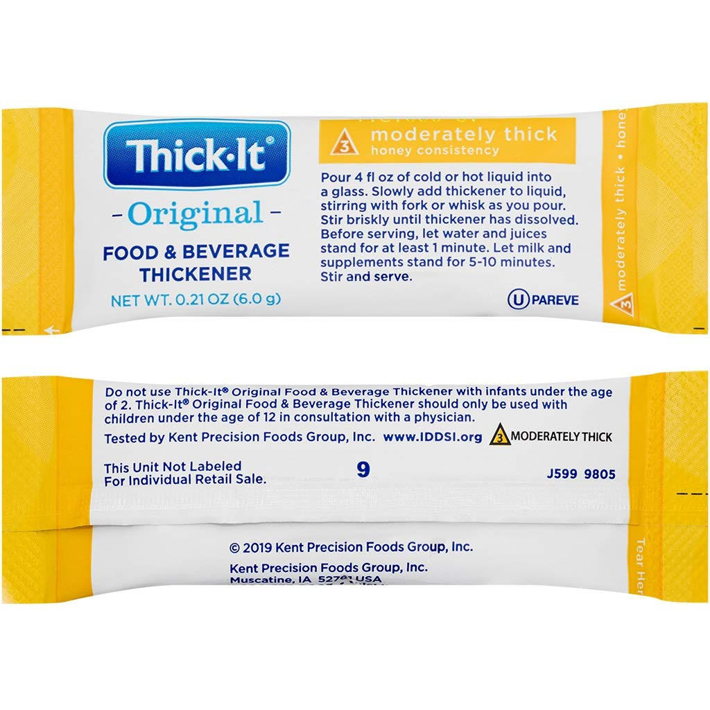 Thick-It Original Thickener Individual Packets, Case of 200—gluten free, yellow and white packaging, labeled moderately thick (honey & nectar consistency) for swallowing disorders; includes instructions and warnings on front and back.