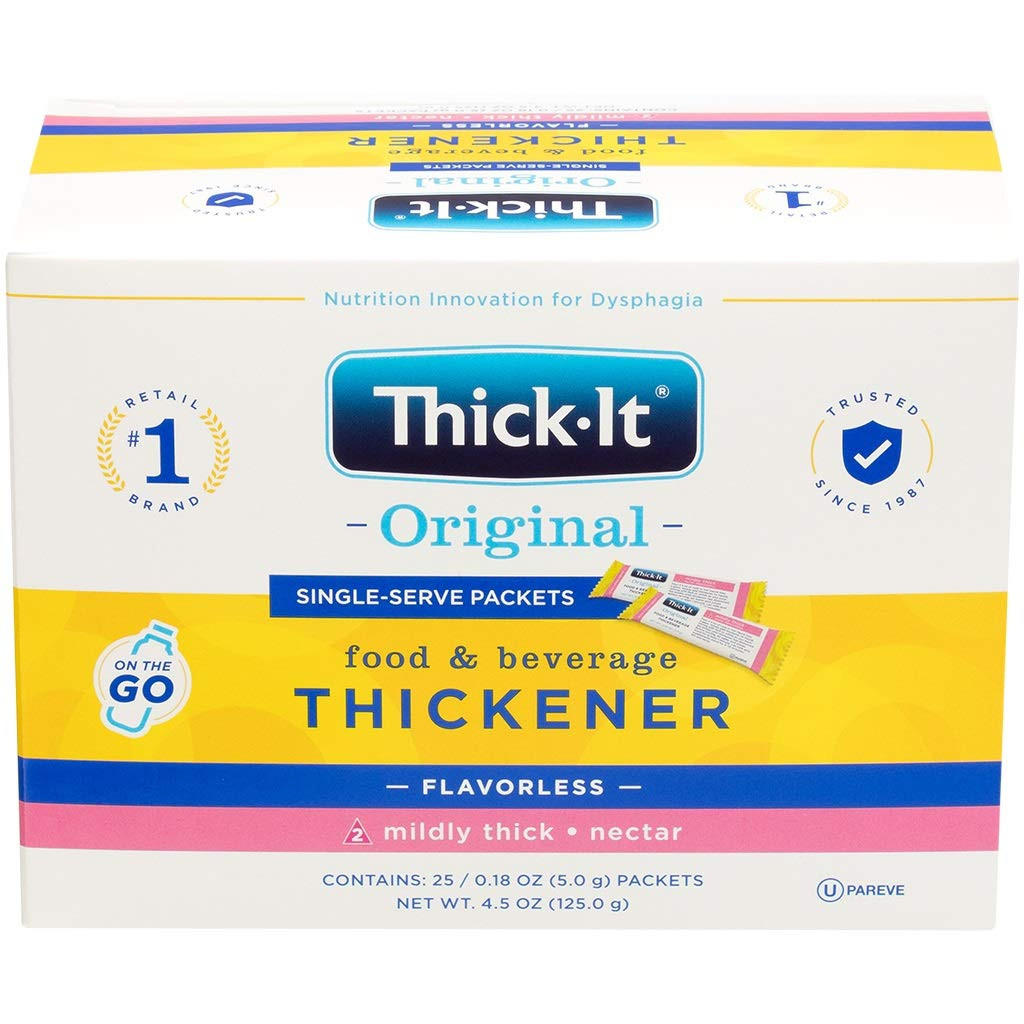 Thick-It Original Thickener, Case of 200 individual gluten-free, flavorless single-serve packets; mildly thick nectar consistency for swallowing disorders; net wt. 4.5 oz; trusted Thick-It brand and on-the-go icons featured.