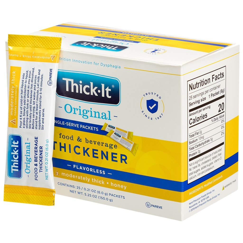 A box of Thick-It Original Thickener Individual Packets, Case of 200, by Thick-It, with a single-serve packet leaning against it. The yellow and white packaging highlights nutritional info and product details.