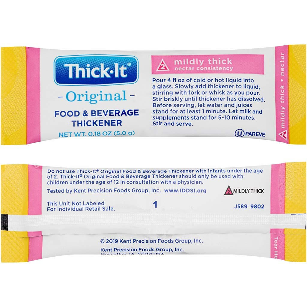 Thick-It Original Thickener, Individual Packets by Thick-It—mildly thick for nectar consistency, gluten-free, ideal for swallowing disorders. Each 0.18 oz (5g) packet has instructions/info on both sides. Case contains 200 packets.