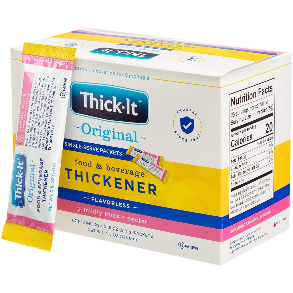 A case of 200 Thick-It Original Thickener individual packets by Thick-It, gluten free and flavorless for swallowing disorders, with a packet shown beside the box highlighting mildly thick nectar consistency and nutrition facts.