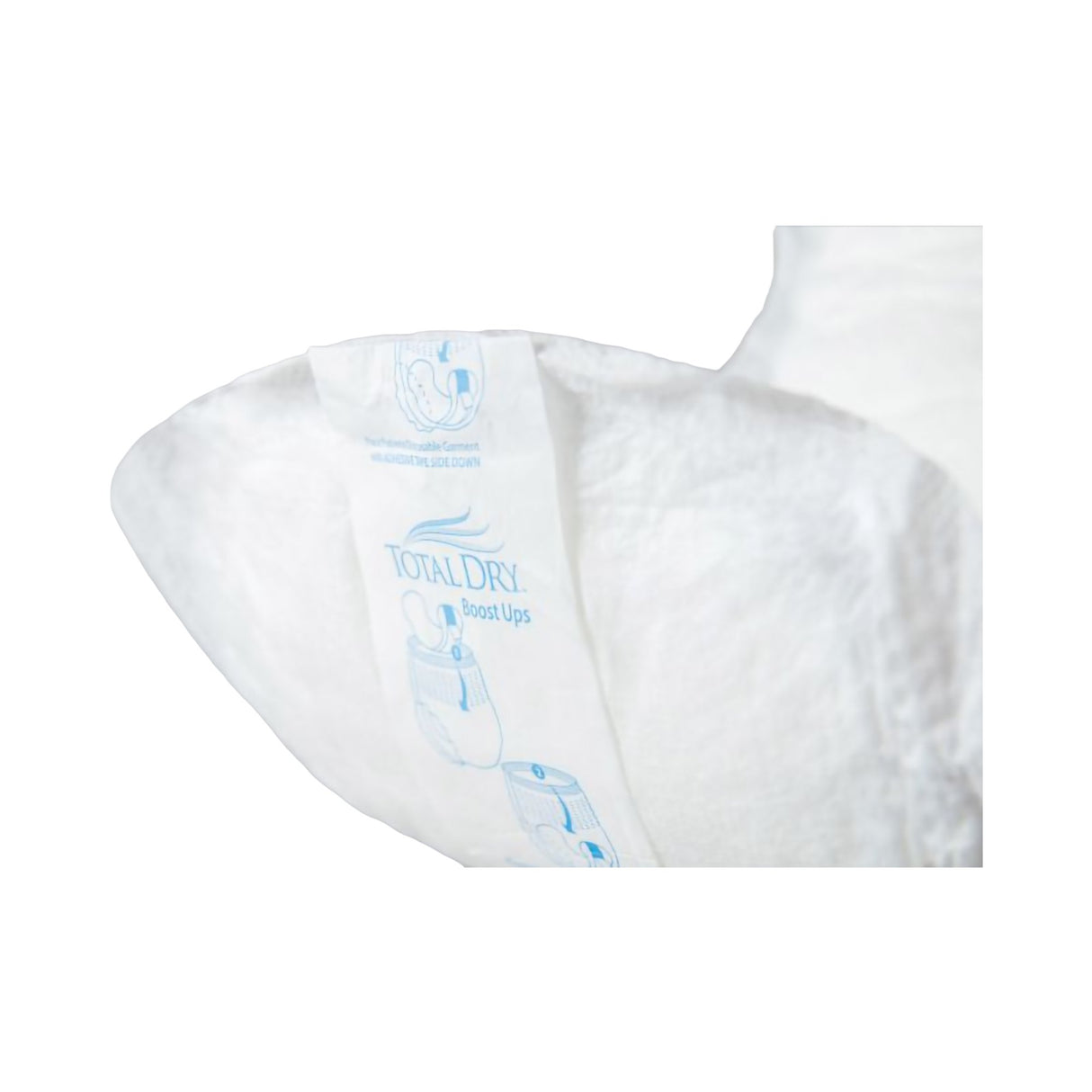 Close-up of a white TotalDry Ultimate Boost Ups Booster Pad featuring blue text and graphics on the front tab, highlighting heavy absorbency and reliable leakage protection as a booster pad.