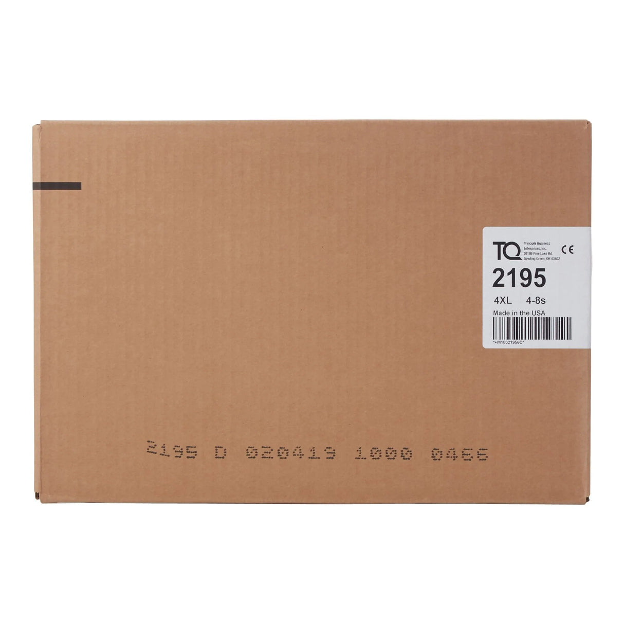 A plain brown box with a white label marked “2195” and “4XL 4-8s” contains Tranquility 4XL/5XL Air-Plus Disposable Bariatric Briefs (heavy absorbency) by Tranquility, with black printed codes near the bottom.
