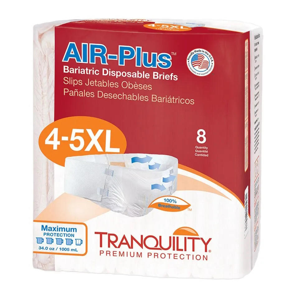 A package of Tranquility 4XL/5XL Air-Plus Disposable Bariatric Briefs by Tranquility contains 8 heavy absorbency briefs, offering maximum protection and 100% breathability.