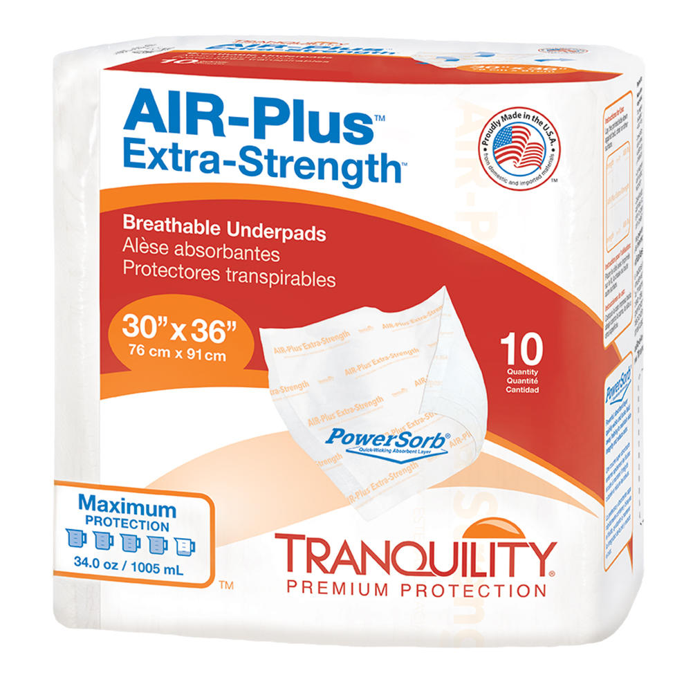 Tranquility AIR-Plus Extra-Strength Breathable Underpads, 30 x 36, pack of 10, feature the PowerSorb logo and offer Maximum Protection with a 1005 mL capacity. Brand: Tranquility.