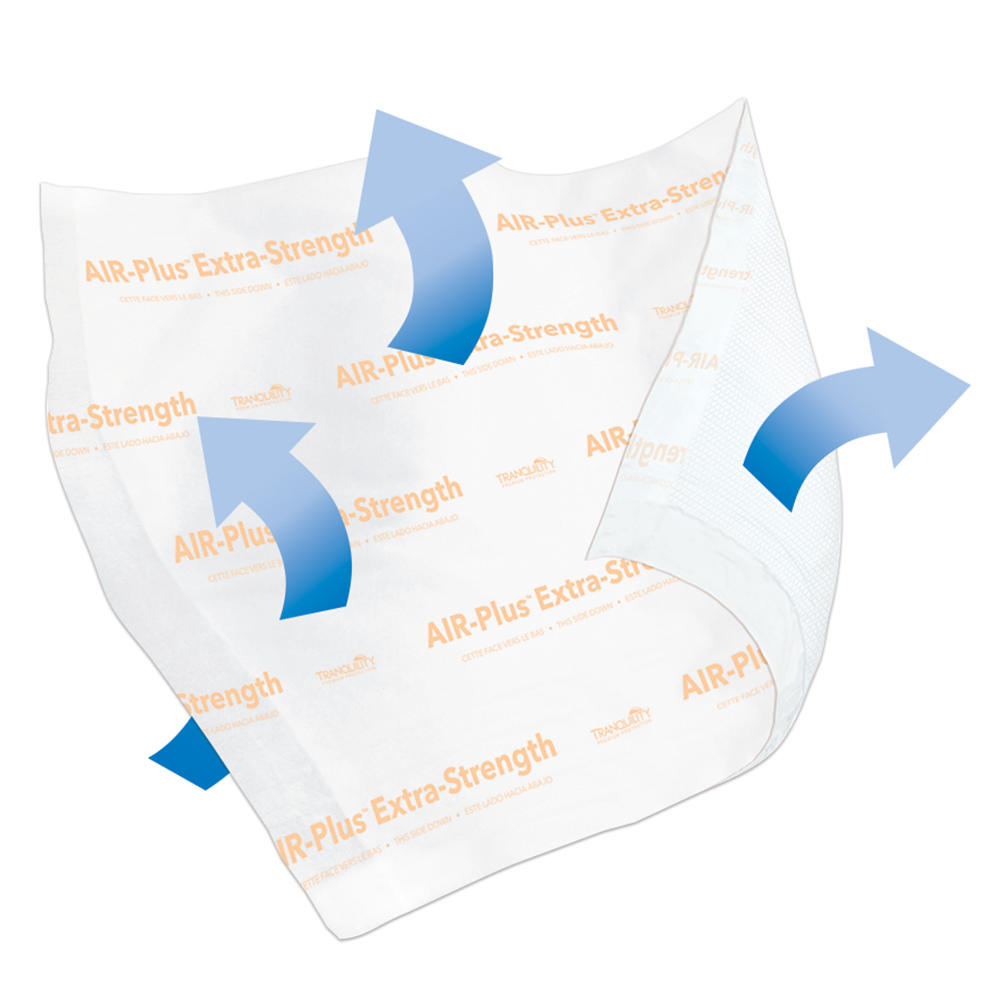 A white adhesive bandage labeled AIR-Plus Extra-Strength with blue airflow arrows evokes the breathability and comfort of Tranquility AIR-Plus Extra-Strength Breathable Underpads, 30 x 36 by Tranquility.