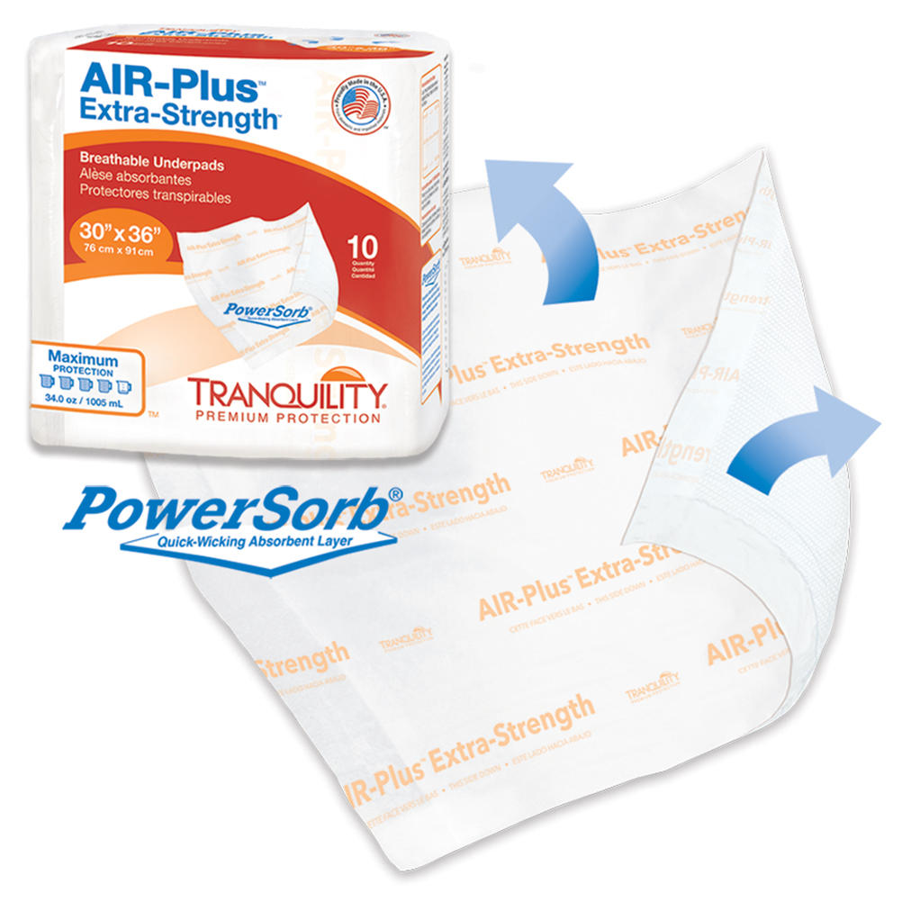 A package of Tranquility AIR-Plus Extra-Strength Breathable Underpads, 30 x 36, by Tranquility is shown next to an open underpad with PowerSorb branding, highlighting its fast-wicking absorbent layer and breathable design.