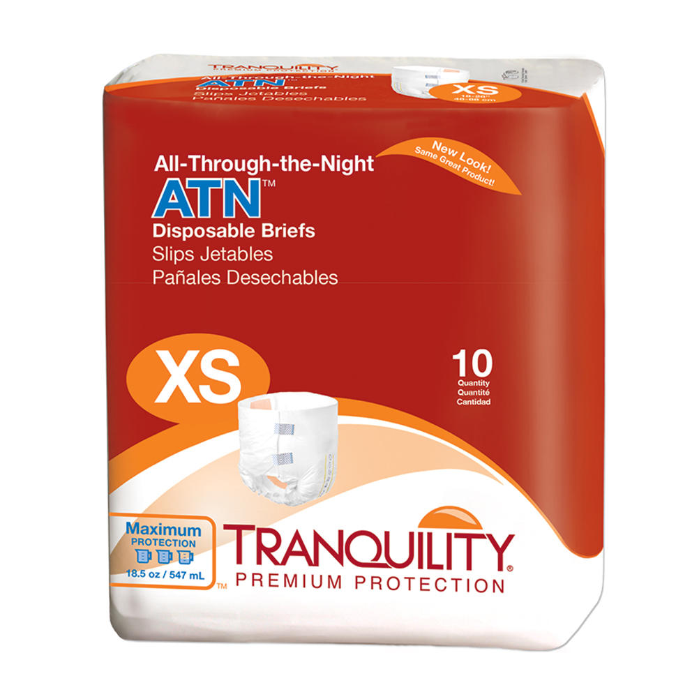 Tranquility ATN (All-Through-the-Night) Adult Diapers, size XS, 10 count. This orange and white package offers maximum overnight protection with a 547 ml (18.5 oz) capacity for trusted nighttime comfort.