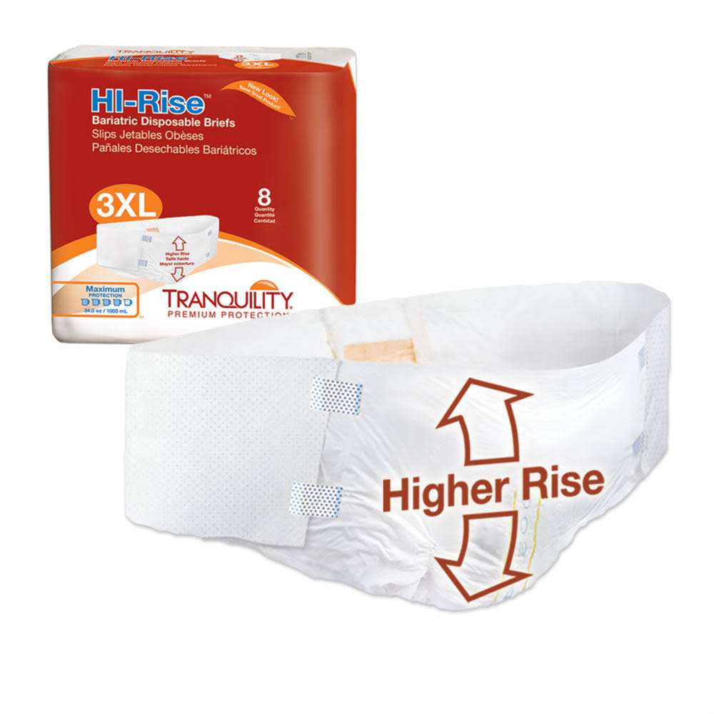 A package of Tranquility HI-Rise 3XL Disposable Bariatric Adult Briefs by Tranquility (8 count) and a single unfolded brief, featuring arrows and Higher Rise for extra coverage and heavy absorbency for maximum comfort.