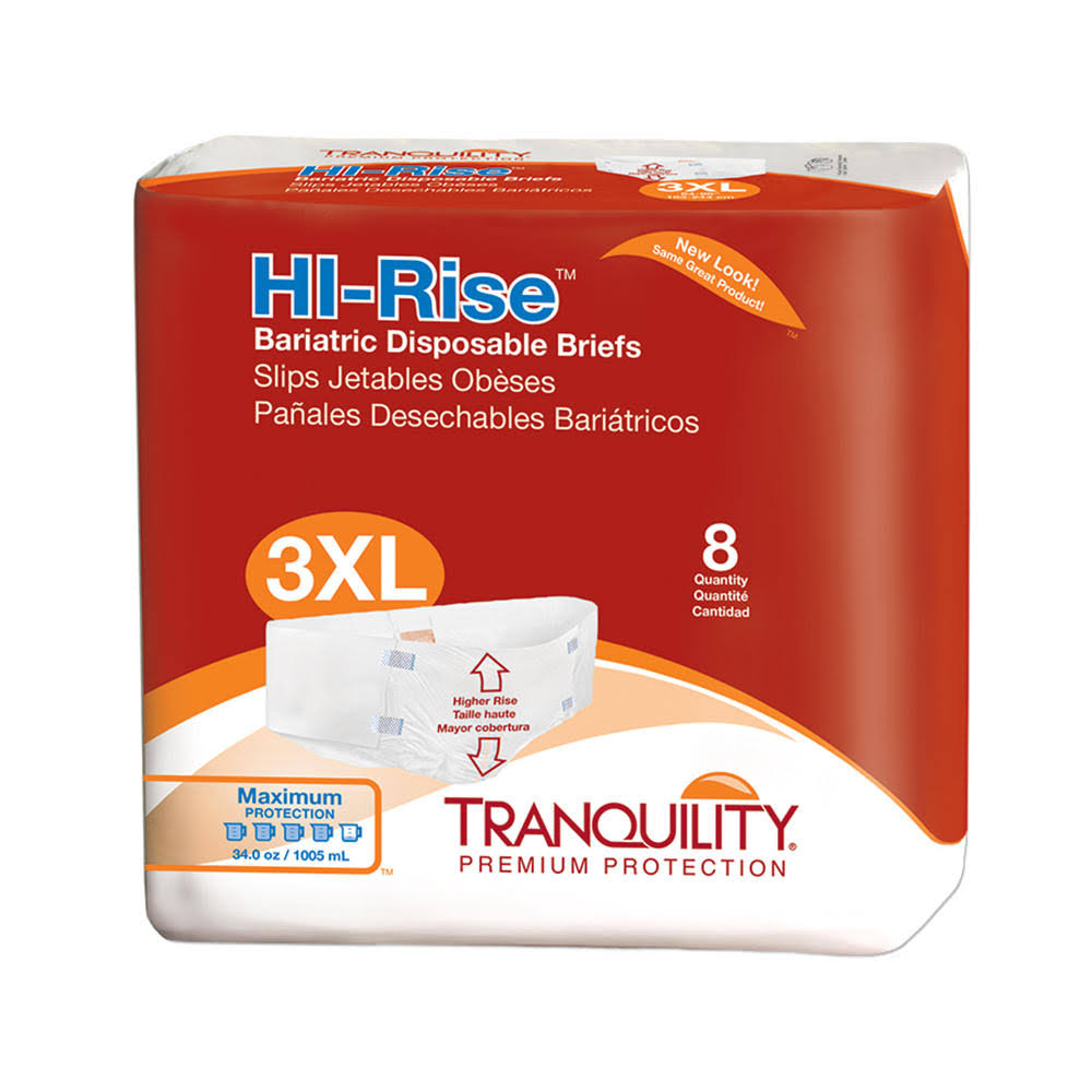 Tranquility HI-Rise 3XL Disposable Bariatric Adult Briefs by Tranquility offer heavy absorbency and maximum protection. The orange and white pack includes 8 briefs with product details in English, French, and Spanish.