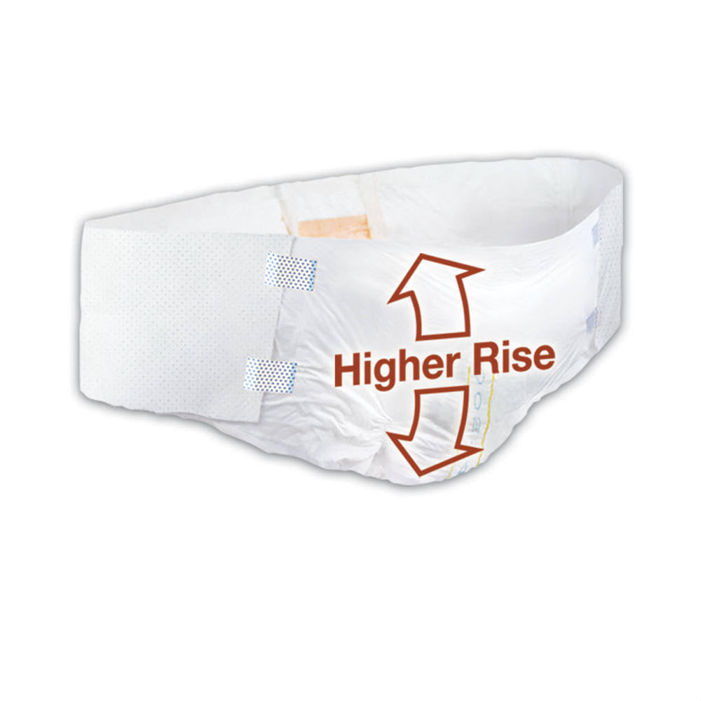 The Tranquility HI-Rise 3XL Disposable Bariatric Adult Brief, shown in white with up and down arrows labeled Higher Rise, highlights its taller fit and heavy absorbency.