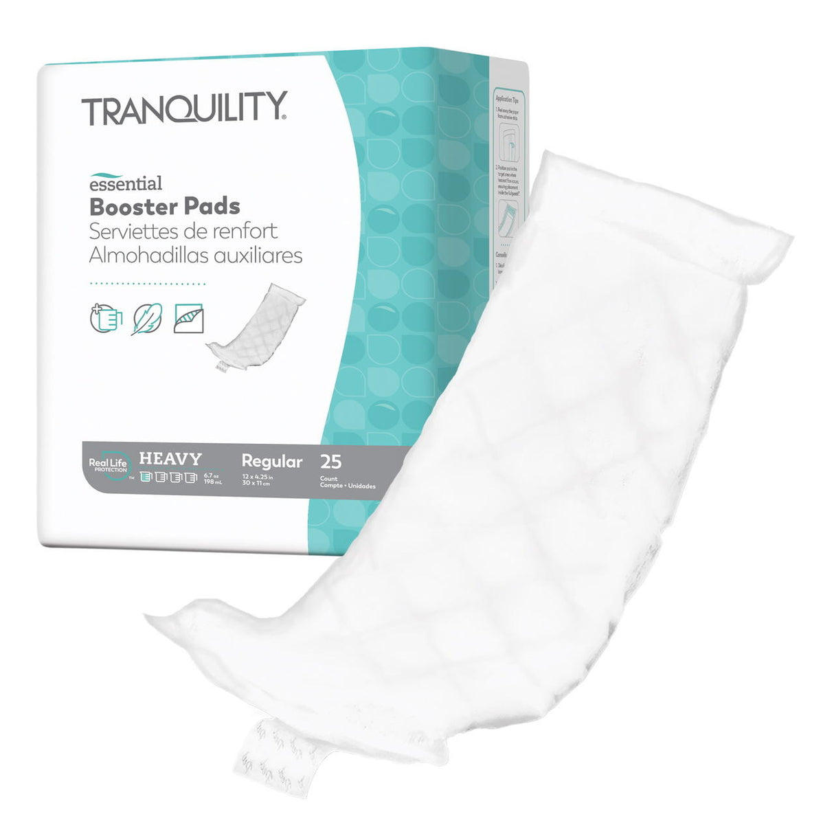 A package of Tranquility Essential Booster Pads, Heavy by Tranquility is shown with a white booster pad beside the teal and white box, which states it contains 25 regular pads for heavy absorbency.