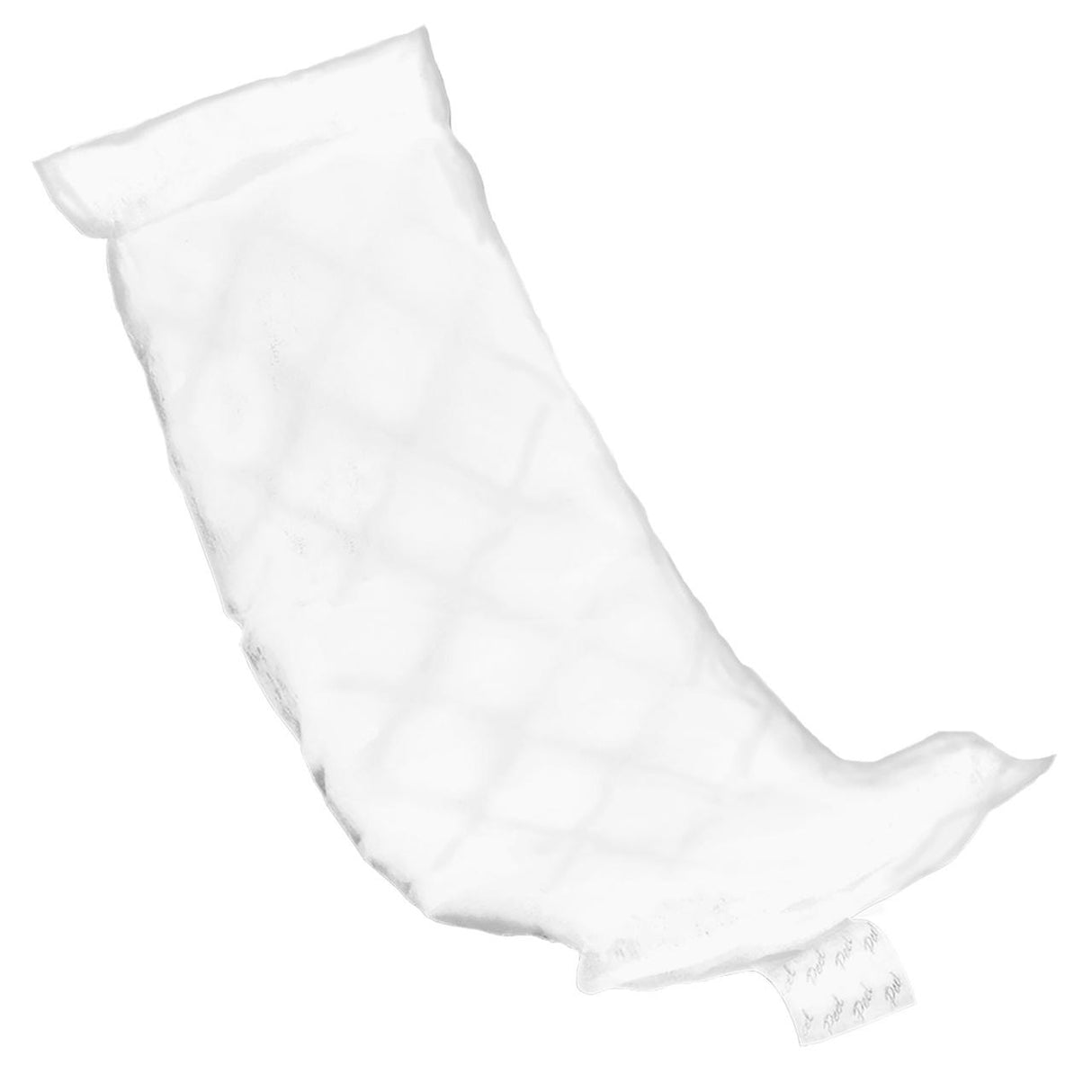 A white, quilted Tranquility Essential Booster Pad, Moderate by Tranquility, with a curved shape and visible adhesive strip at one end, offers discreet incontinence protection and is shown on a white background.