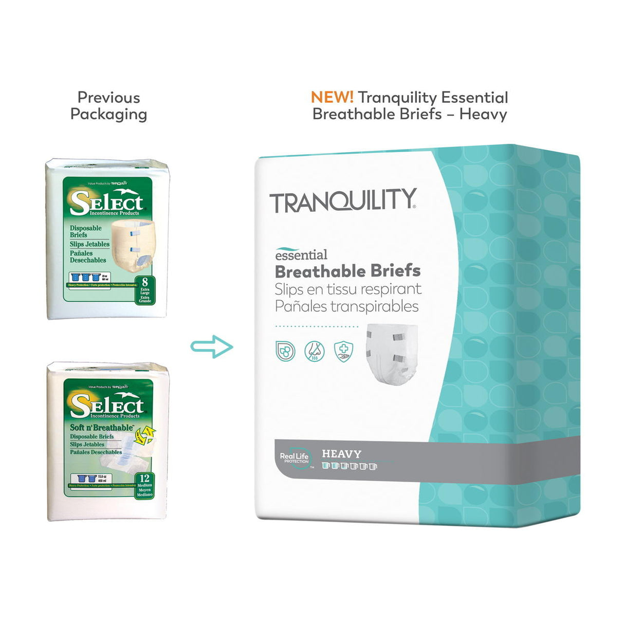 Image shows the old “Select” incontinence briefs packaging on the left, with an arrow pointing right to the new “Tranquility Essential Breathable Briefs, Heavy” packaging from Tranquility on the right.