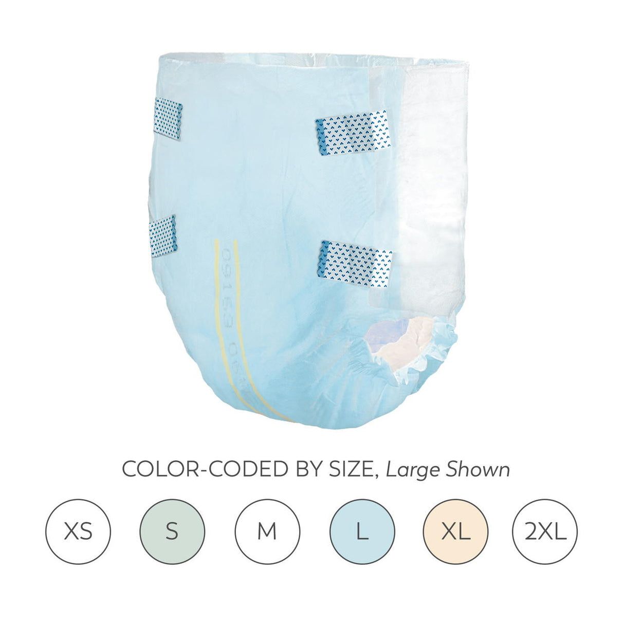 A blue Tranquility Essential Breathable Briefs, Heavy adult diaper with adjustable tabs is shown above a size chart, highlighting the large size. Text: COLOR-CODED BY SIZE, Large Shown. For those needing reliable absorbent incontinence briefs.