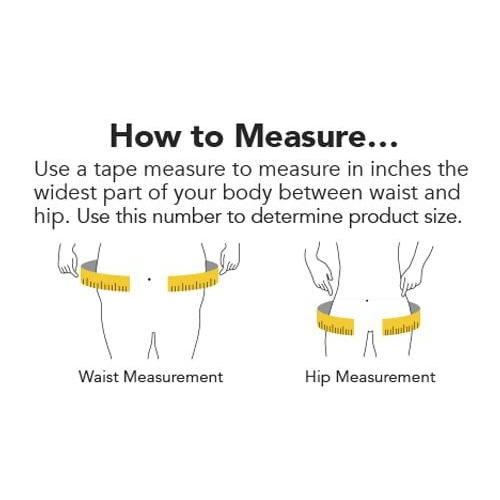 Illustration shows measuring waist and hip at their widest points with a tape. Use these to select your size for Tranquility Essential Breathable Briefs, Moderate by Tranquility, ensuring comfortable incontinence protection.