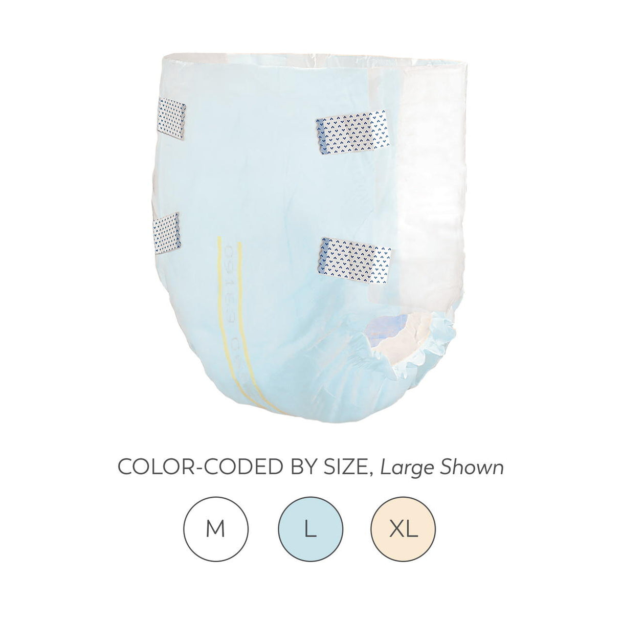 A large, blue Tranquility Essential Breathable Briefs, Moderate adult diaper with white sides and four adhesive tabs is shown. Circles labeled M, L, XL highlight the color-coded sizing, with large emphasized. Brand: Tranquility.